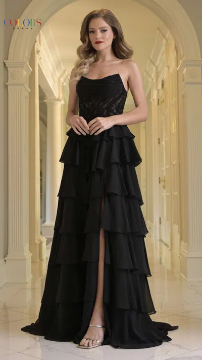 Colors 3934 Long Formal Beaded A Line Ruffle Prom Dress