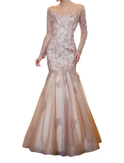 Colors Dress Bead & Embroidery Mermaid Gown In Quartz In Beige