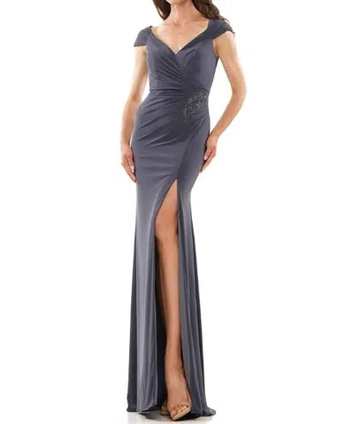 Colors Dress Cap Sleeve Jersey Gown In Grey In Blue