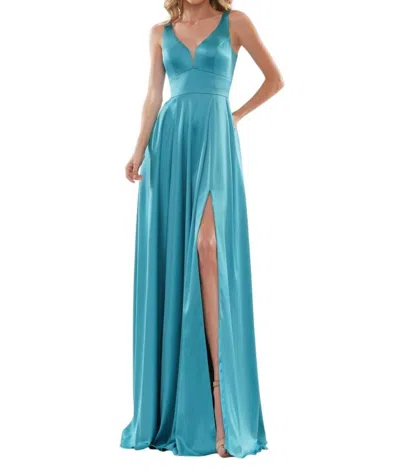 Colors Dress Deep V-neck Satin A-line Gown In Teal In Blue