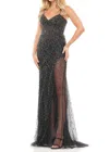 Colors Dress Embellished Sheer Overlay Evening Gown In Black In Black