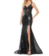 Colors Dress Embroidered Mesh Sequin Evening Gown In Black In Black