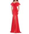 Colors Dress Feather Trimmed High Slit Gown In Red