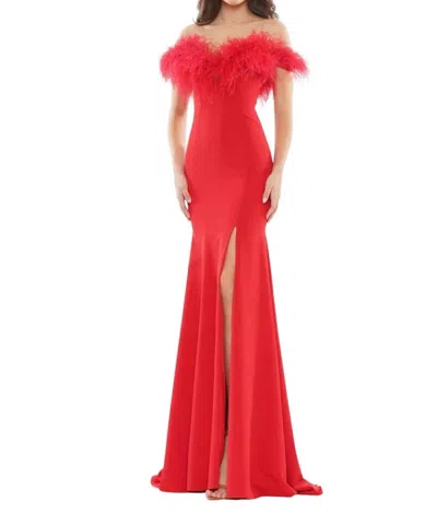 Colors Dress Feather Trimmed High Slit Gown In Red