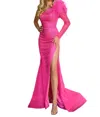 Colors Dress Feathered One Shoulder High Slit Prom Gown In Hot Pink