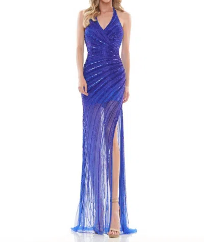 Colors Dress Halter V-neck High Slit Gown In Royal In Blue