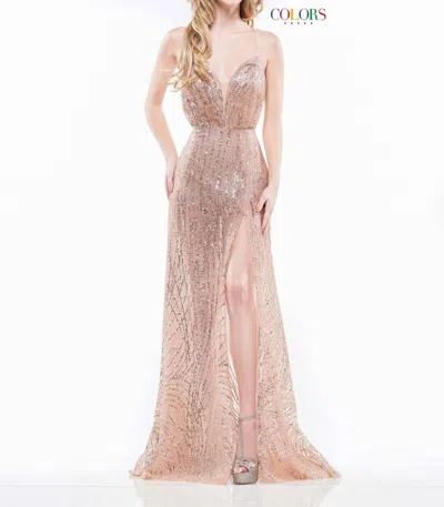 Colors Dress Lace-up Back Evening Dress In Rose Gold In Multi