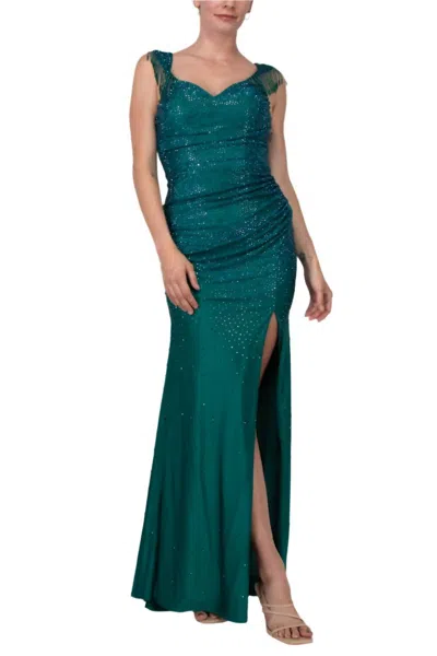 Colors Dress Long Crystal Off The Shoulder Fringe Slit Gown In Deep Green