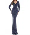 Colors Dress Long Sleeve Stripe Sequin Gown In Navy In Blue
