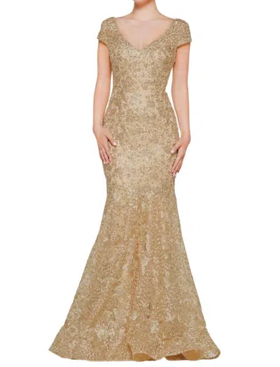 Colors Dress Metallic Mermaid Gown In Gold In Brown