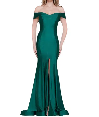 Colors Dress Off Shoulder Front Slit Satin Mermaid Gown In Emerald In Gold