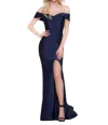 Colors Dress Off Shoulder Front Slit Satin Mermaid Gown In Navy In Blue