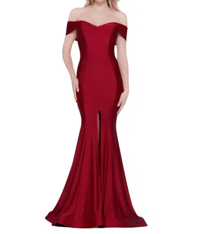 Colors Dress Off Shoulder Front Slit Satin Mermaid Gown In Red