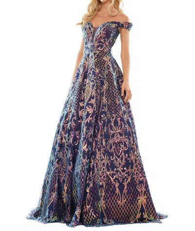Colors Dress Off Shoulder Sequin Lace Evening Gown In Navy In Blue