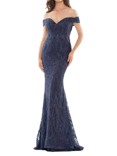 Colors Dress Off The Shoulder Embroidered Gown In Navy In Blue
