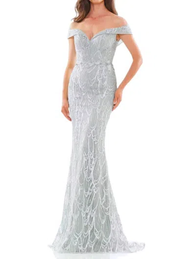 Colors Dress Off The Shoulder Embroidered Gown In Seaglass In Green