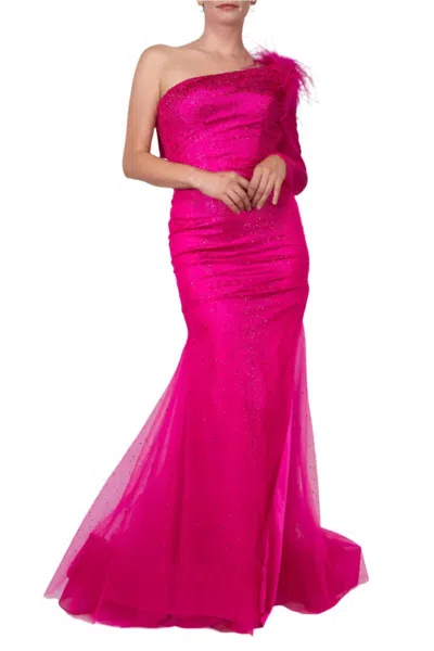 Colors Dress One Shoulder Mesh Long Sleeve And Feathers Mermaid Gown In Hot Pink
