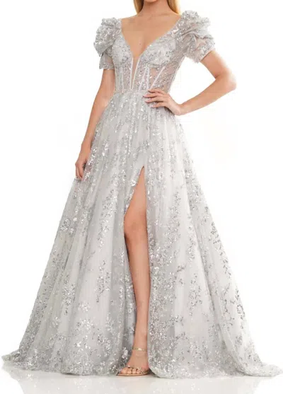 Colors Dress Plunging Neckline A-line Gown In Silver In White