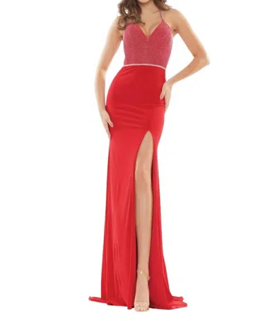 Colors Dress Rhinestone Mesh/matte Jersey Long Dress In Red