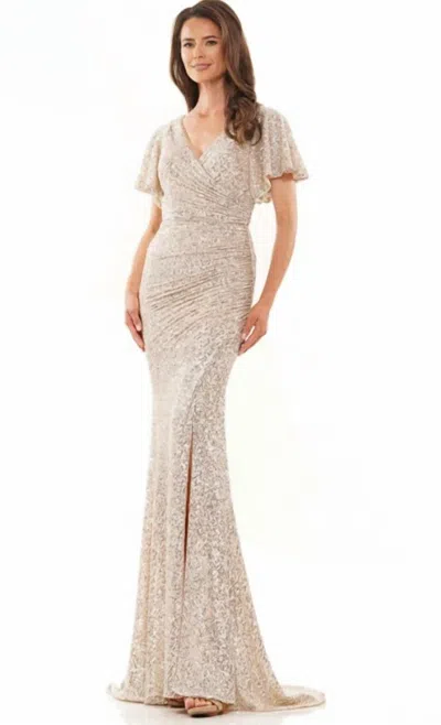 Colors Dress Sequin Fit And Flare V-neck Gown In Champagne In Metallic