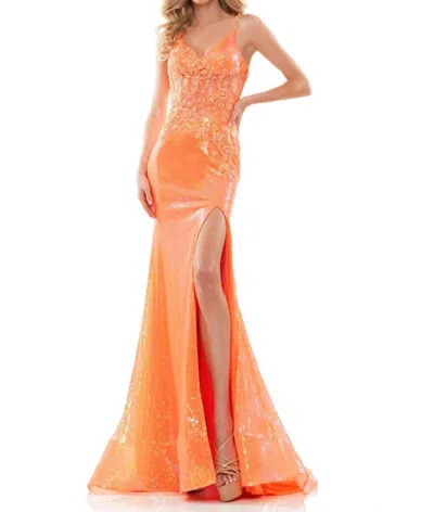 COLORS DRESS SEQUIN LACE HIGH SLIT MERMAID GOWN IN ORANGE