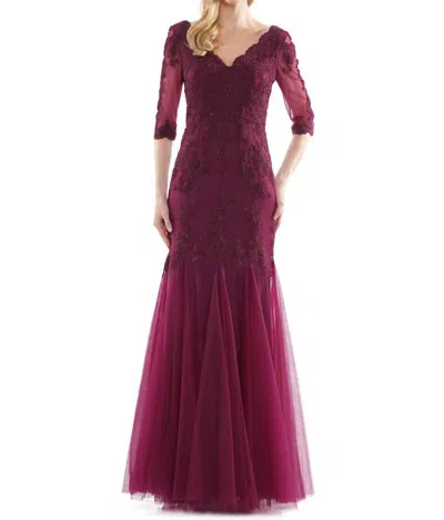 Colors Dress Sheer 3/4 Sleeve Mermaid Gown In Wine In Purple
