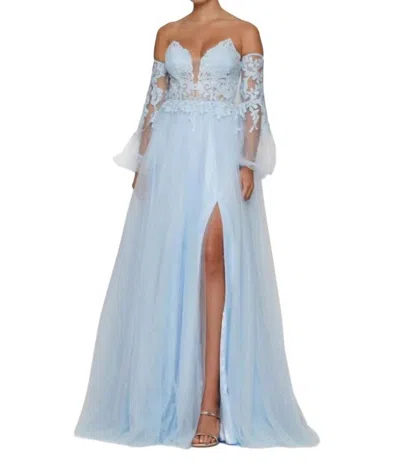 Colors Dress Sheer Lace A Line Long Sleeve Shimmer Slit Corset Formal Gown In Light Blue