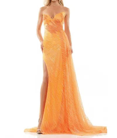 Colors Dress Strapless Glitter Mesh Prom Gown In Orange