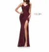 Colors Dress V-neckline High Slit Long Gown In Ruby In Burgundy