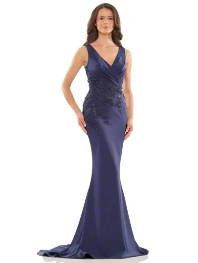 Colors Dress Wrapped V-neck Applique Gown In Navy In Multi