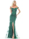 Colors J131 Long Off Shoulder Formal Prom Gown In Green