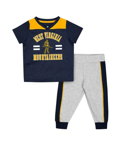 Colosseum Baby Boys And Girls Navy/heather Gray West Virginia Mountaineers Ka-boot-it Jersey Pants Set In Navy,heather Gray