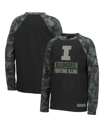 Colosseum Kids' Big Boys  Black, Camo Illinois Fighting Illini Oht Military-inspired Appreciation Raglan Lo In Black,camo