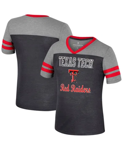 Colosseum Kids' Big Girls Black/heather Gray Texas Tech Red Raiders Summer Striped V-neck T-shirt In Animal Print
