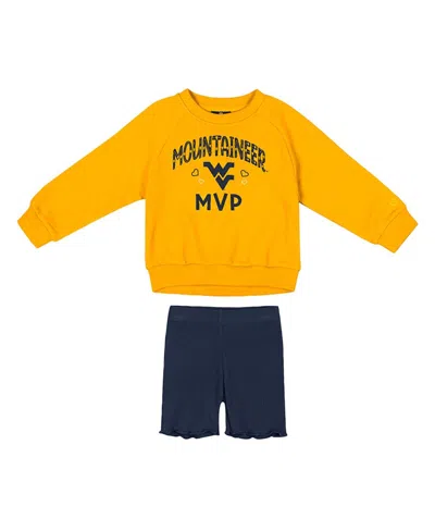 Colosseum Babies' Girls Toddler 2-piece Gold/navy West Virginia Mountaineers Beta Fleece Sweatshirt And Shorts Set In Multi
