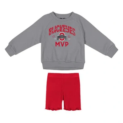 Colosseum Kids' Girls Toddler  Gray/scarlet Ohio State Buckeyes Beta Fleece Sweatshirt And Shorts Set In Multi