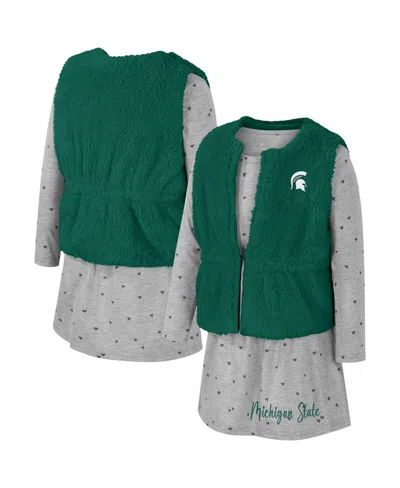 Colosseum Kids' Girls Toddler Green Michigan State Spartans Meowing Vest Dress Set In Gray