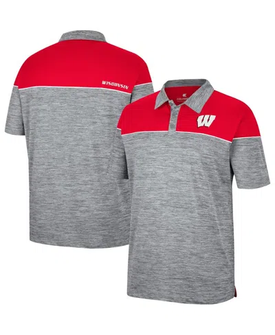 Colosseum Men's  Heathered Gray, Red Wisconsin Badgers Birdie Polo Shirt In Heathered Gray,red