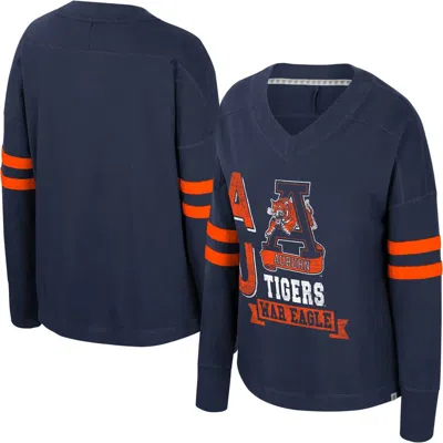 Colosseum Navy Auburn Tigers Oversized Violet Distressed V-neck Long Sleeve T-shirt In Blue