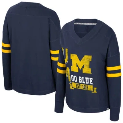 Colosseum Navy Michigan Wolverines Oversized Violet Distressed V-neck Long Sleeve T-shirt In Blue