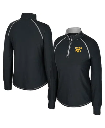 Colosseum Women's Black Iowa Hawkeyes Bikram Raglan Quarter-zip Sweatshirt In Blue