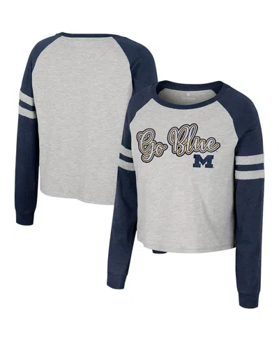 Colosseum Women's  Heather Gray Michigan Wolverines I'm Gliding Here Raglan Long Sleeve Cropped T-shi