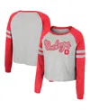 Colosseum Women's  Heather Gray Ohio State Buckeyes I'm Gliding Here Raglan Long Sleeve Cropped T-shi In Heather Gray