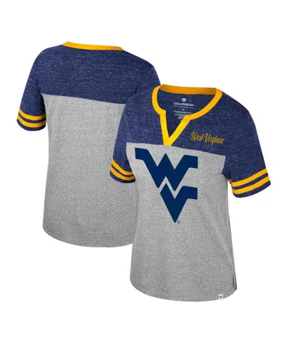 COLOSSEUM WOMEN'S COLOSSEUM HEATHER GRAY WEST VIRGINIA MOUNTAINEERS KATE COLORBLOCK NOTCH NECK T-SHIRT