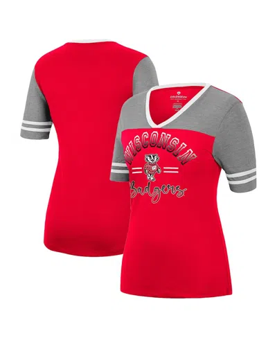 Colosseum Women's  Red, Heathered Gray Wisconsin Badgers There You Are V-neck T-shirt In Red,heathered Gray