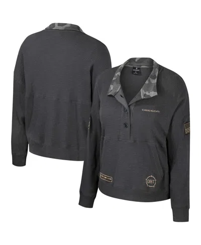 Colosseum Women's Heather Charcoal Oregon Ducks Oht Military Appreciation Payback Henley Thermal Sweatshirt In Gray