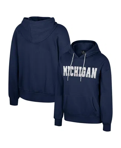 Colosseum Women's Navy Michigan Wolverines Reflection Rhinestone Drawcord Pullover Hoodie In Blue