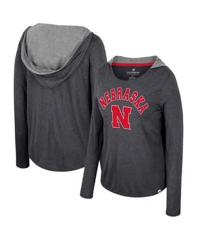 Colosseum Women's Nebraska Huskers Distressed Heather Long Sleeve Hoodie T-shirt In Black