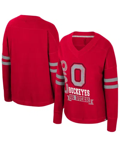 Colosseum Women's Scarlet Ohio State Buckeyes Oversized Violet Distressed V-neck Long Sleeve T-shirt In Red