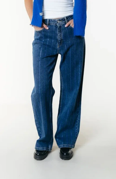 Colourful Rebel Gaias Rhinestones High Rise Wide Leg Denim Pants In Blue
